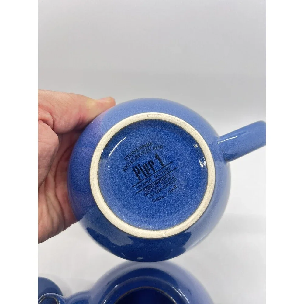 Blue PIER 1 Stoneware Teapot W/Mug Set ~ Stackable 3 Piece Set